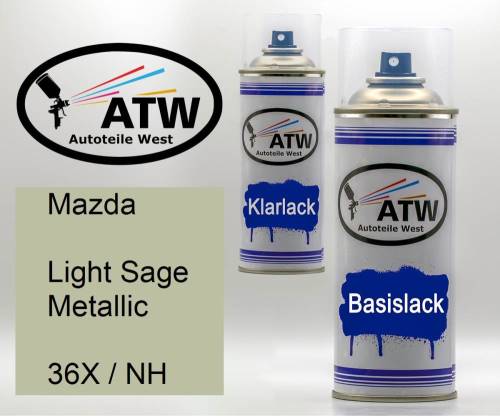 Mazda, Light Sage Metallic, 36X / NH: 400ml Sprühdose + 400ml Klarlack - Set, von ATW Autoteile West.